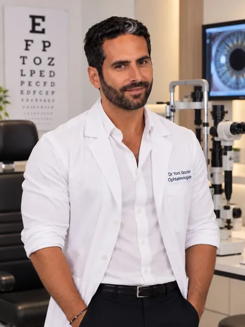 Portrait du Dr Yoni Gozlan, chirurgien-ophtalmologue, en blouse blanche dans sa salle de consultation