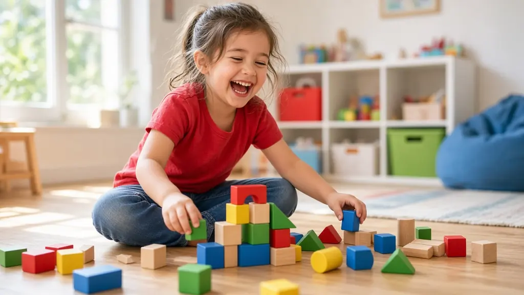 Enfant souriant jouant avec des cubes en bois colorés : le chalazion de l'enfant