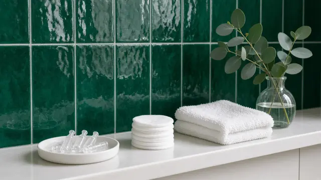 Étagère de salle de bains en carrelage vert émeraude avec dosettes de sérum physiologique et cotons