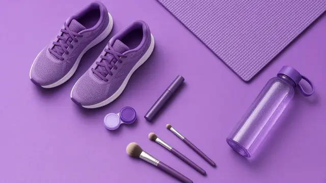 Baskets, étui à lentilles, mascara et pinceaux sur fond lilas : maquillage, lentilles et sport après l'opération du chalazion