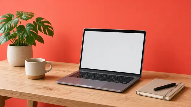 Ordinateur portable sur un bureau devant un mur corail, prêt pour une téléconsultation vidéo avec l'ophtalmologue
